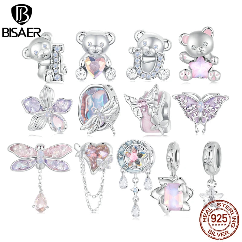 BISAER 925 Sterling Silver Monet's Gardon Charms Beads Dragonfly Butterfly Pendant for Women DIY Bracelets Fine Jewelry EFC987