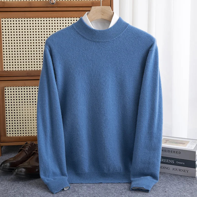 New Fashion Men's 100% Wool Pullover Half-high Collar Sweater Autumn Winter Warm Solid Color Knit Sweater Business Casual Top