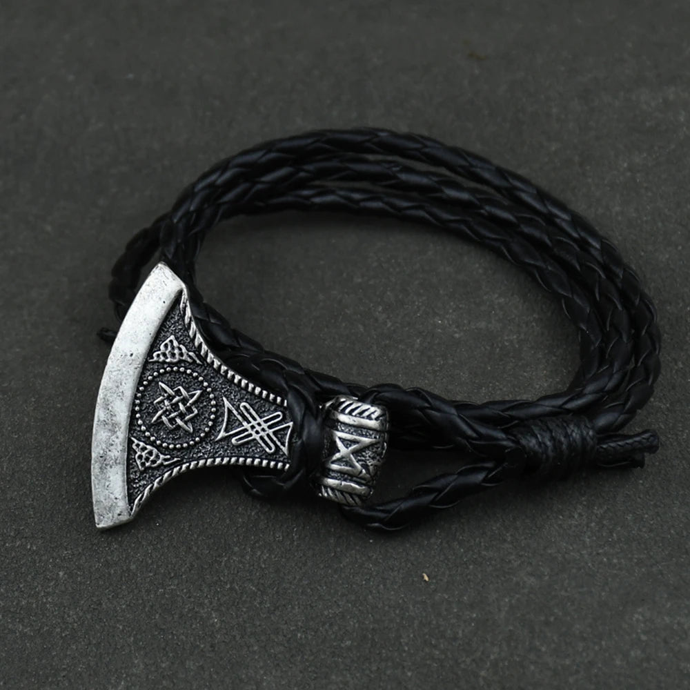 Leather Rope Bracelet Thor Hammer Pendant Axe Bracelet Gothic Men's Viking Bracelet