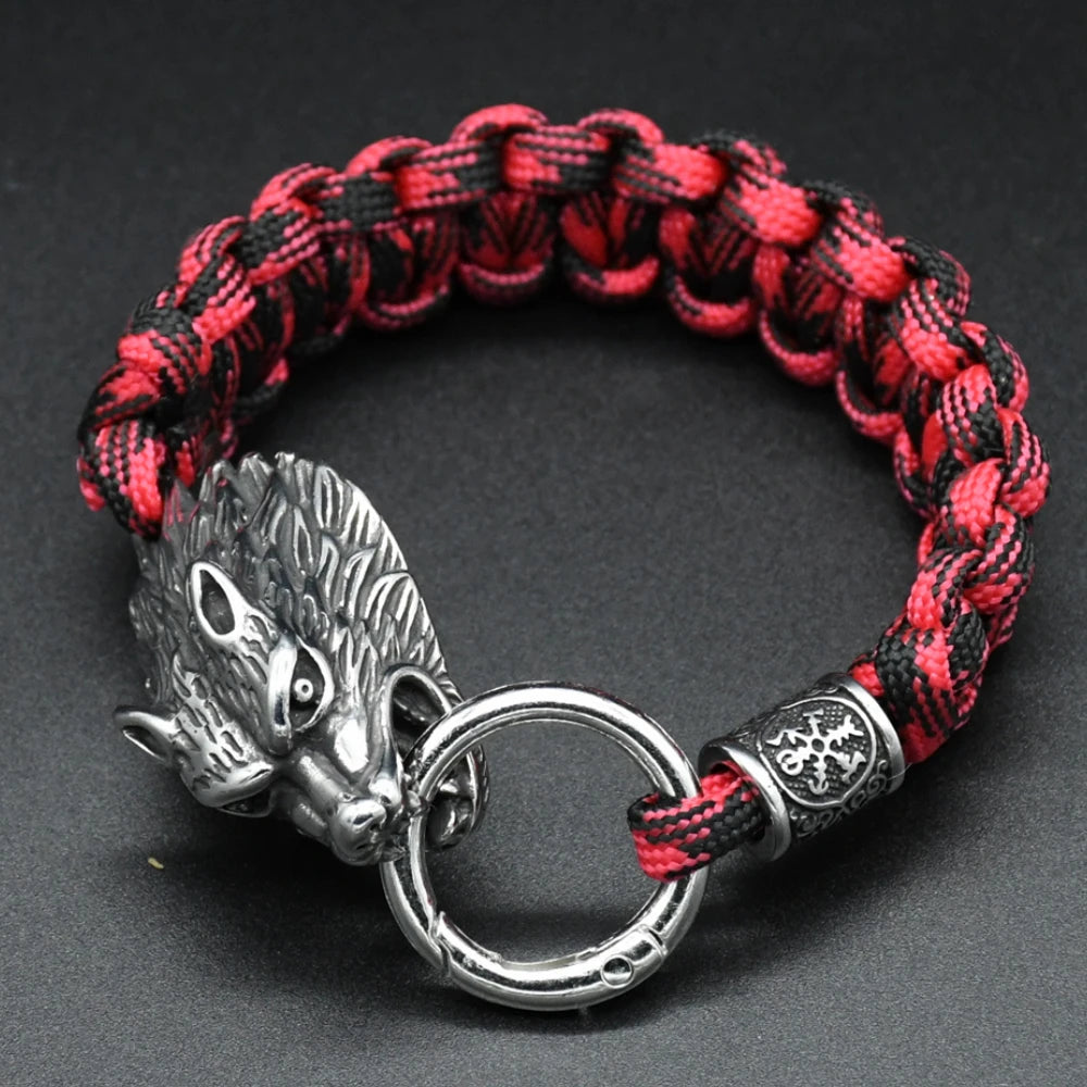 Norse Runs Beads Bracelets Men Viking Stainless Steel Odin's Wolf Paracord Rope Bangles Handmade Outdoor Jewelry