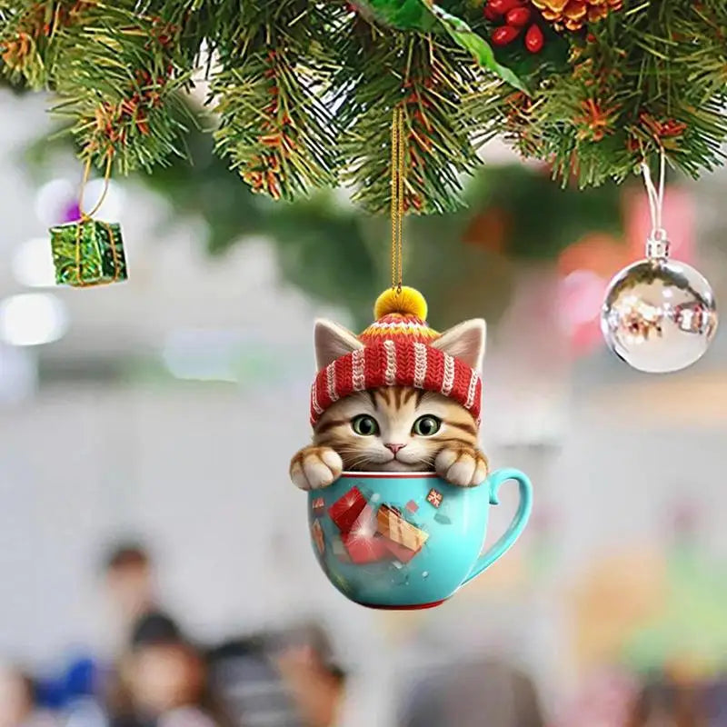 1PCS Christmas Tree Cat Pendant 2D Acrylic Christmas Cat Hanging Decoration Funny Christmas Cat Ornaments Party Decor Xmas gift