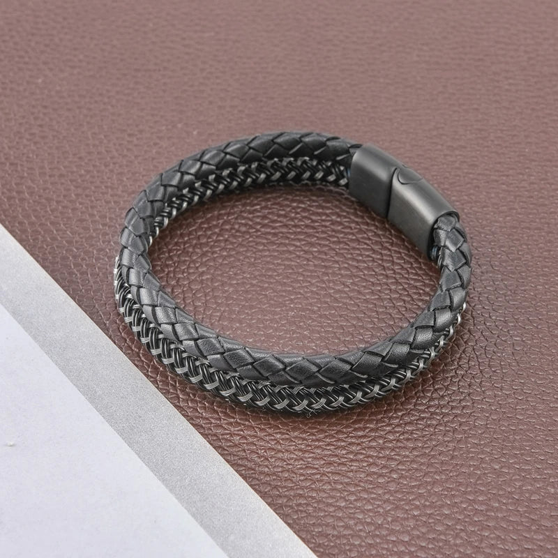 MKENDN Men's Classic Style Leather With Stainless Steel Stitching Combination Bracelet Black Buckle Wristband Accessories Gifts