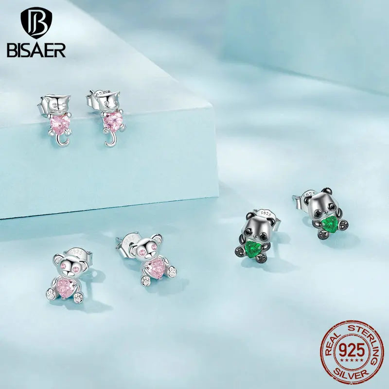 BISAER 925 Sterling Silver Cute Mini Animal Stud Earrings Cat Panda Bear Stud Ear Plated White Gold For Woman Party Fine Jewelry