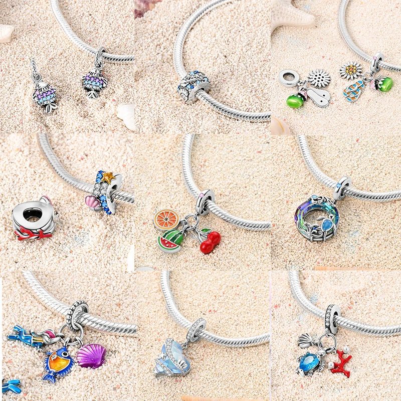 New Silver Plated Charms Beads Turtle Starfish Shell Sea Blue Summer Beads Fit Original Pandora Charms DIY Woman Jewelry Gift