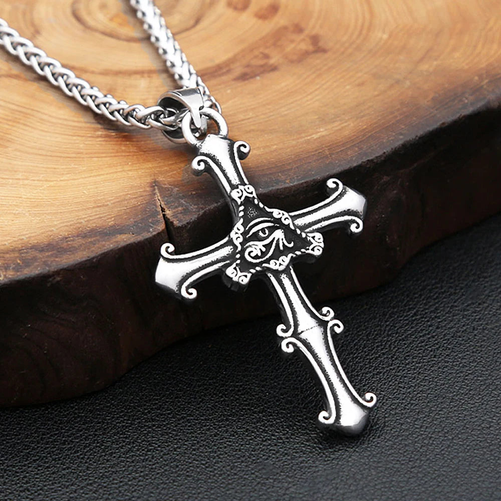 New Vintage Egyptian Eye of Horus Pendant Necklace Stainless Steel Fashion Punk Cross Necklace For Men Women Amulet Jewelry Gift