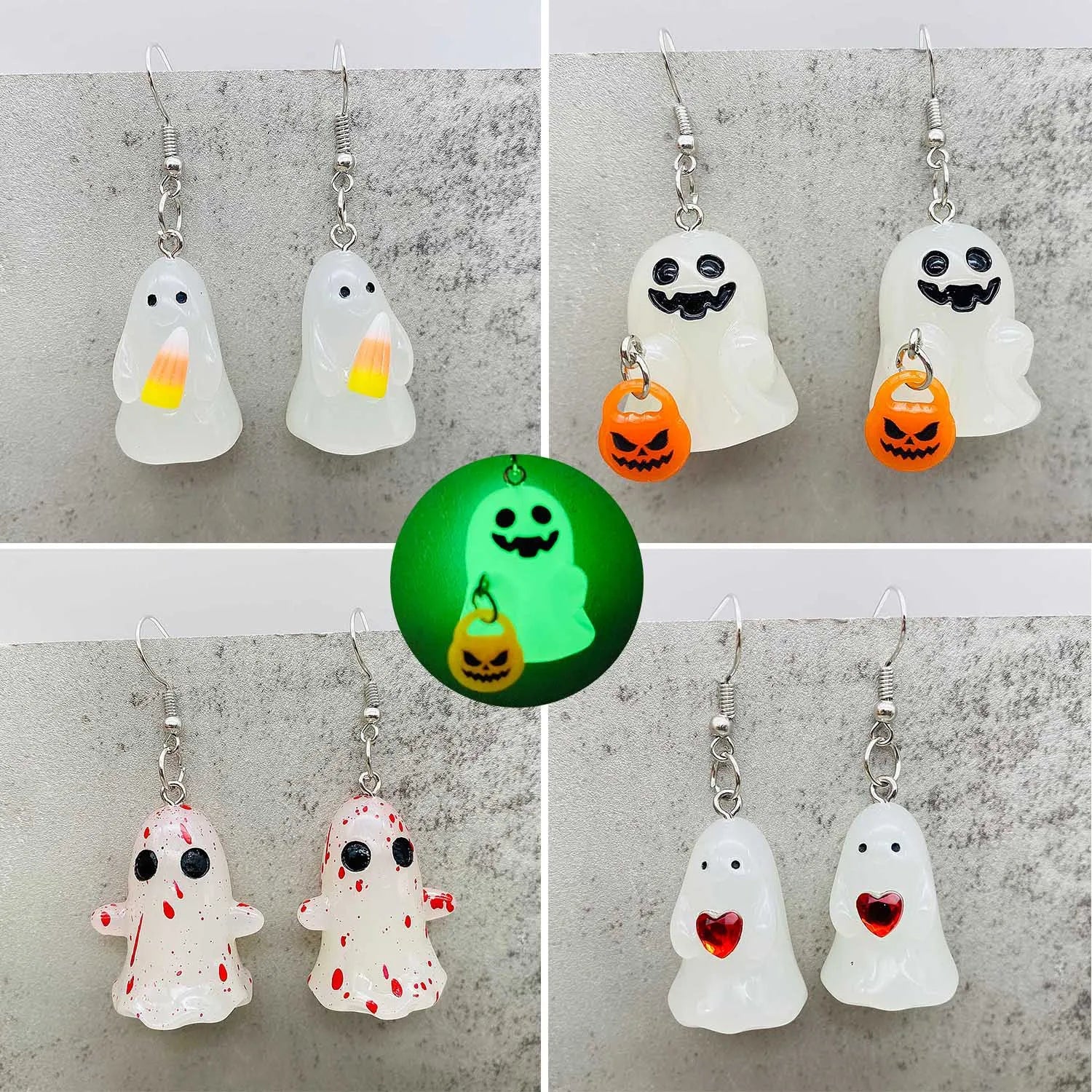 Nachtlicht-Geist-Halloween-Halskette aus Acryl, kleine im Dunkeln leuchtende, gruselige Charm-Ohrringe, Party-Schmuck, Geschenke für Frauen