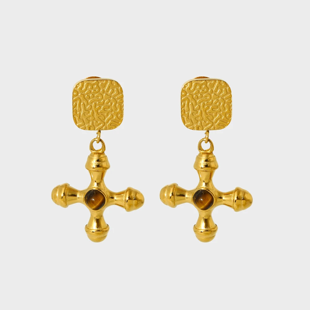 INS Trend 18k Gold Plated Natural Stone Cross Dangle Stud Earrings Waterproof Texture Drop Earring Women Jewelry Gift