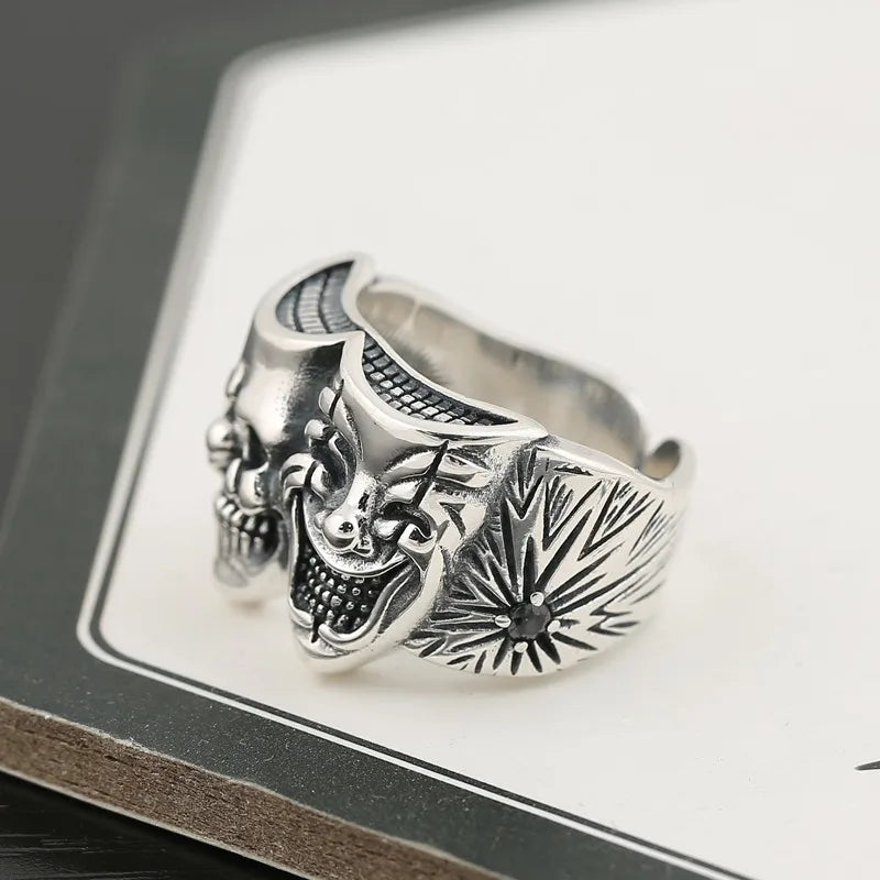 Retro Two Face Joker Ring für Männer Silber Farbe Punk Gothic Verstellbarer Ring Rock Handmade Hiphop Unisex Schmuck Zubehör Geschenk