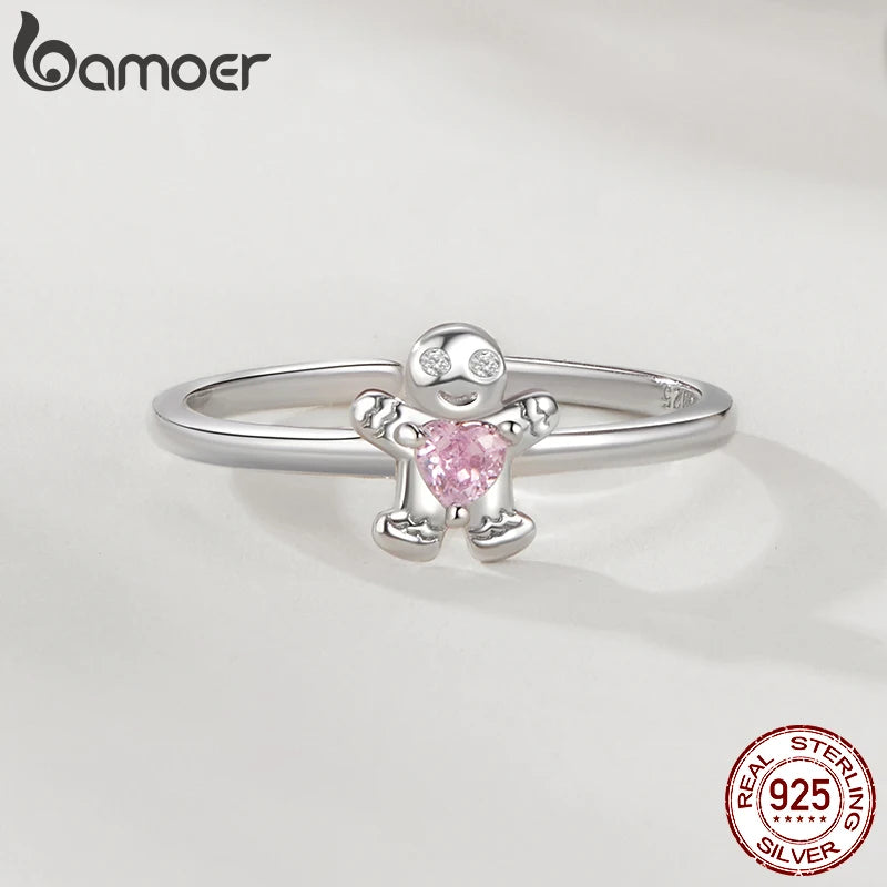 Bague ajustable en argent sterling 925 massif BAMOER en forme de bonhomme en pain d'épices, joli bijou de Noël, cadeau d'anniversaire pour femme SCR1079-E