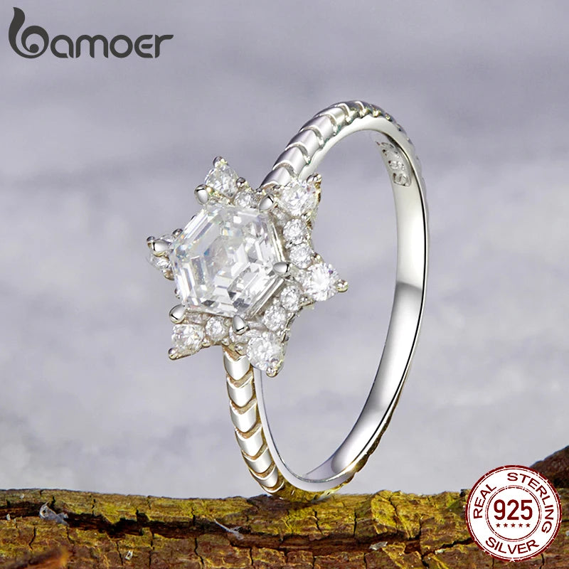 Bague en argent sterling 925 BAMOER en forme de flocon de neige, plaquée or blanc, bijoux délicats et élégants