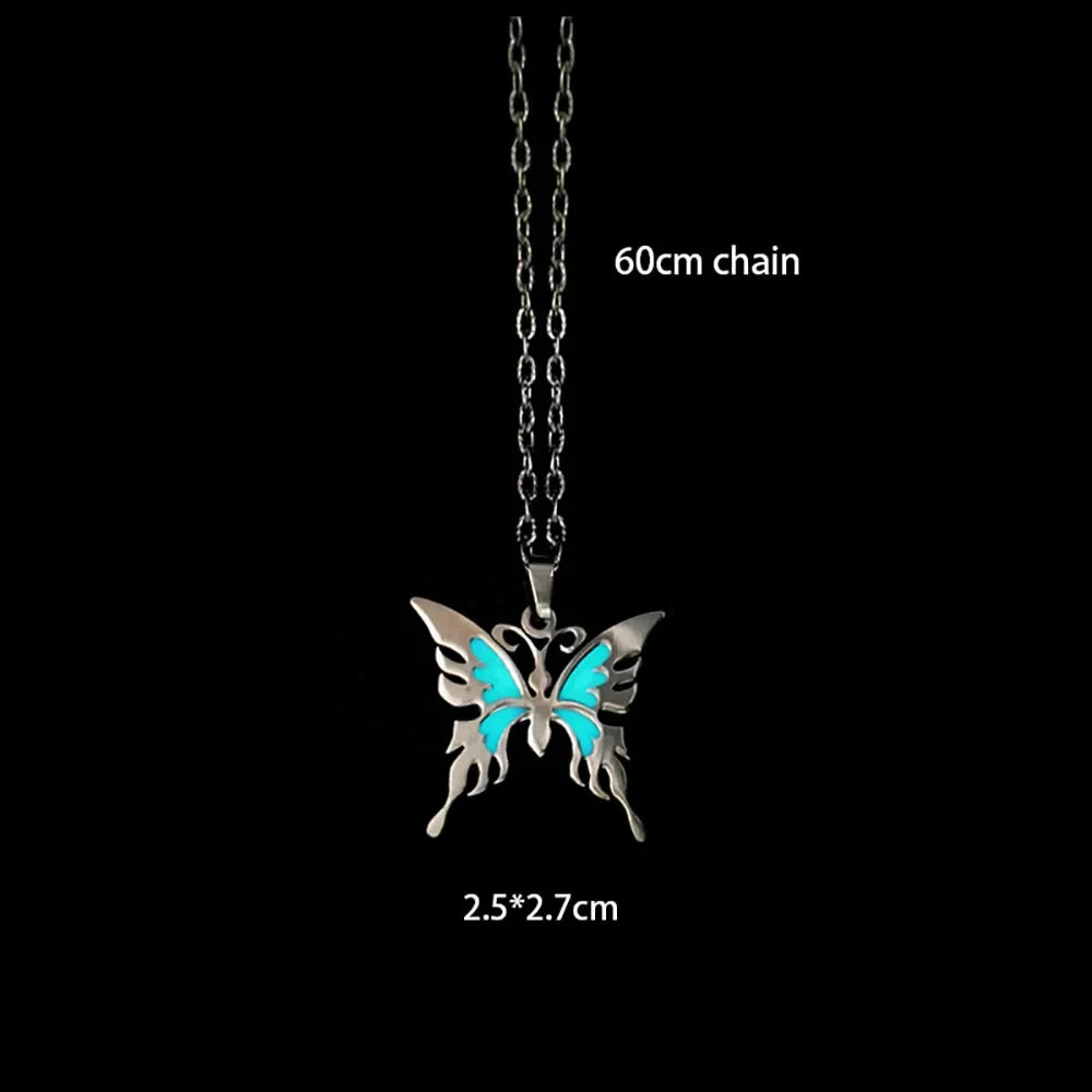 Novel Luminous Glowing Butterfly Pendant Hexagram Stainless Steel Glow In The Dark Necklace for Women Men Halloween Gift