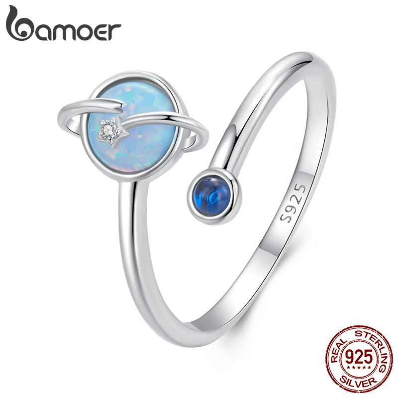 Bague ajustable BAMOER en argent sterling 925 avec planète opale, plaquée or blanc, bague de promesse de Noël, bijoux délicats et chics SCR1087-E