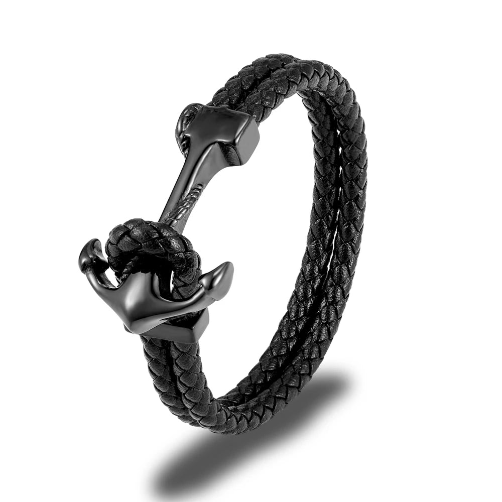 MKENDN Fashion Stainless Steel Charm Anchor Black Men Bracelet Leather Genuine Braided Punk Rock Bangles Jewelry Accessories