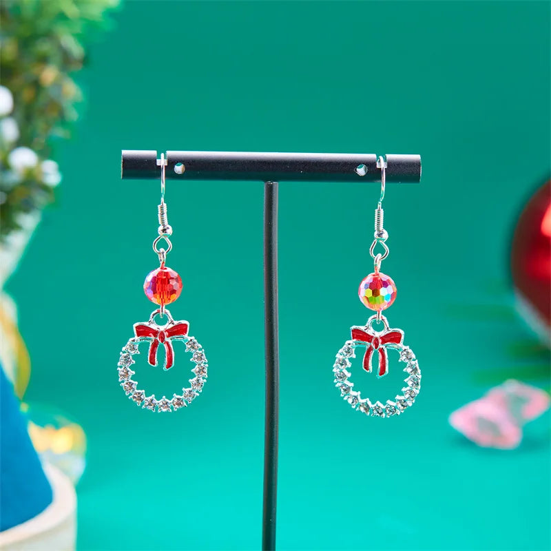 New Crystal Christmas Tree Tassel Earrings for Women Trendy Rhinestone Snowflake Bow Round Drop Earring Girls Christmas Jewelry