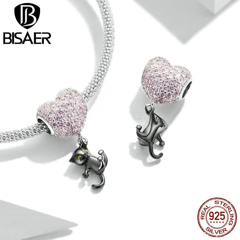 BISAER - Abalorio de plata de ley 925 con forma de gato, diseño de gato egipcio, dios cisne, chapado en oro negro, apto para pulseras de mujer, joyería fina