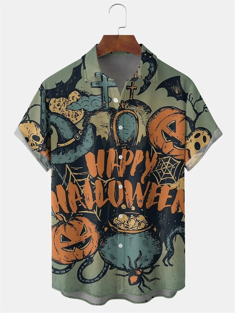 Men's Fashion Halloween Shirt Summer Cute Style Men's Clothing Party Holiday Men Top Pumpkin Head Print Boys' Short Sleeve Shirt