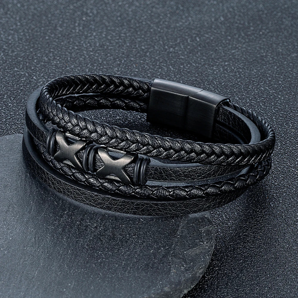 MKENDN Simple Style Men's Black Genuine Leather Bracelet Classic Stainless Steel Insert Double-X Braid Bangles For Men Gifts