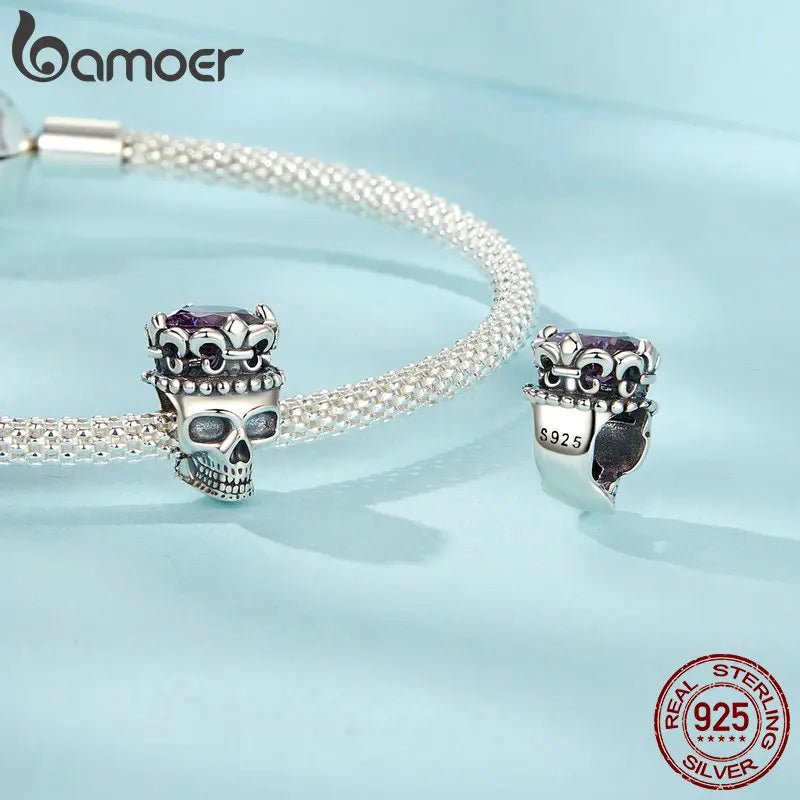 BAMOER 925 Sterling Silver Skull Beads Crown Charms for Women Halloween Jewelry Gift Bracelet Necklace DIY Accessories