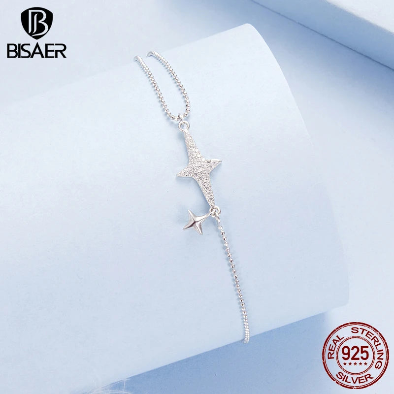 BISAER 925 Sterling Silver Starlight Bracelet Adjustable Charm Star Zircon Chain Plated White Gold for Women Party Fine Jewelry