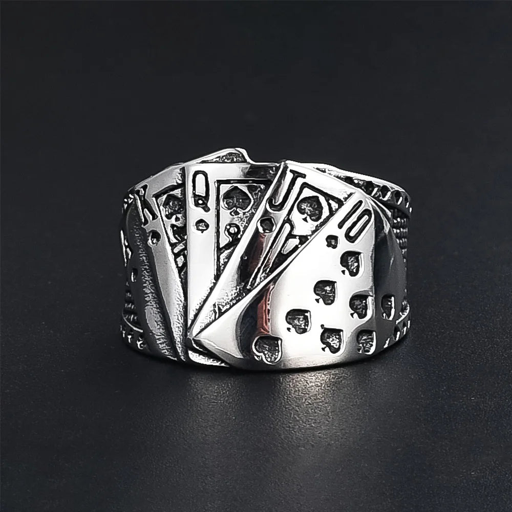 Lucky Poker Flush Ring Men Women Gold/Silver Color Stainless Steel Punk Biker Ring Hip Hop Playing Card Ring Magician Jewelry