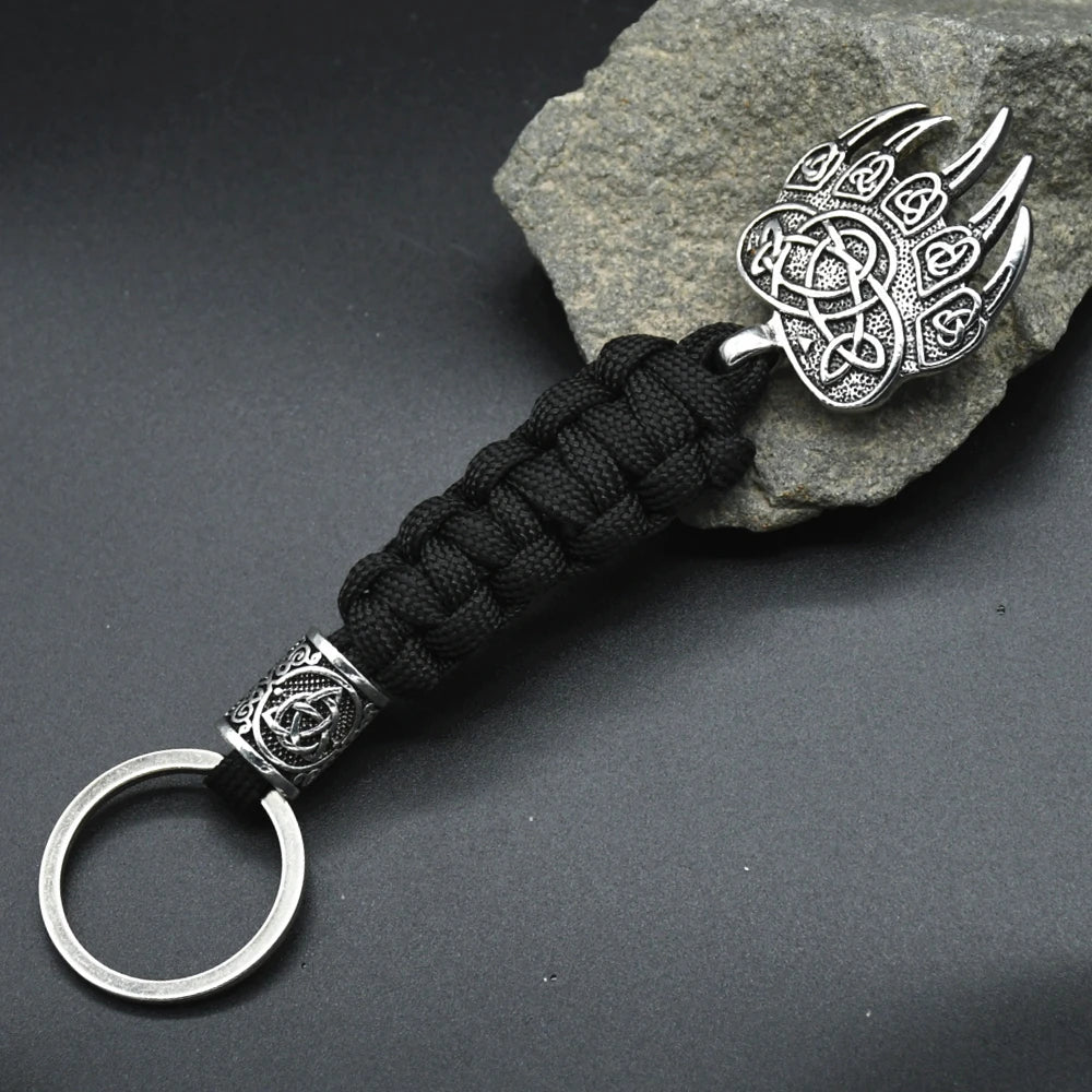 Mens Vikings Bear Claw Keychain Slavic Wolf Paw Handmade Paracord key chain Norse Runes Trinity Pendant Scandinavian Amulet Jewe