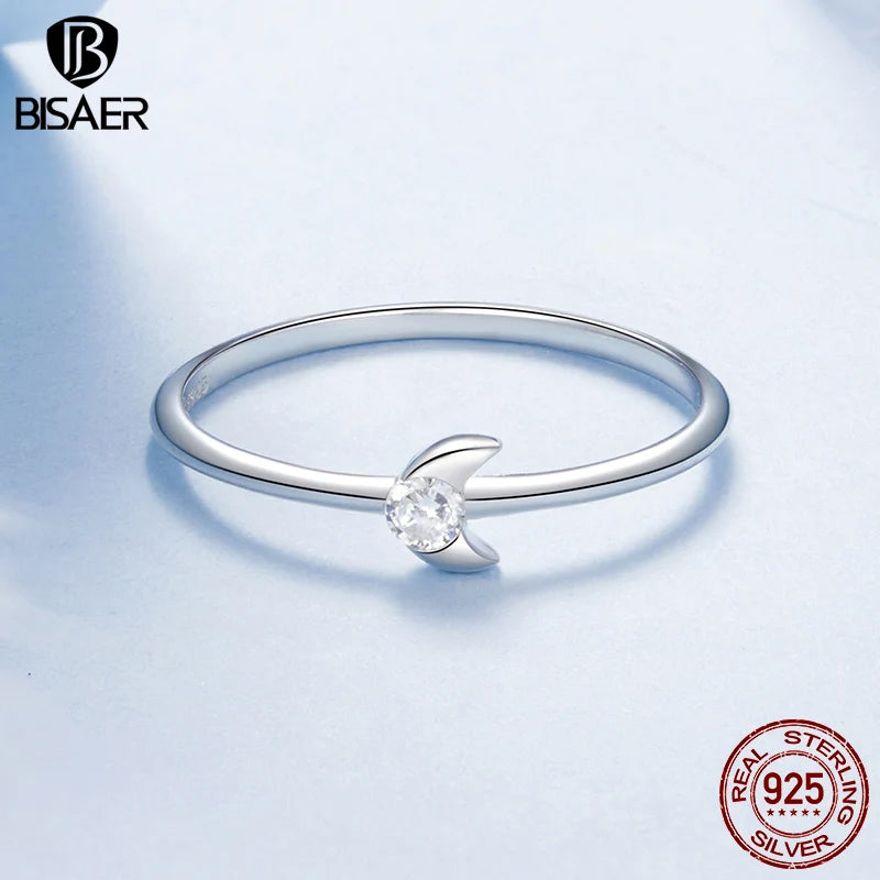 Bague papillon en argent sterling 925 BISAER avec bande de zircon scintillante en forme de lune plaquée or blanc pour femme, bijoux fins pour fête, mariage, cadeau