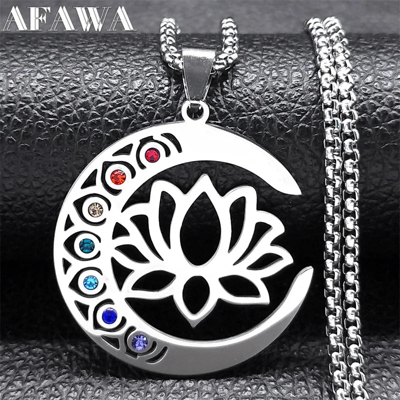 Flower Lotus Moon Pendant Necklace for Women Men Stainless Steel Silver Color 7 Chakra Healing Balance Chain Jewelry N9725S02