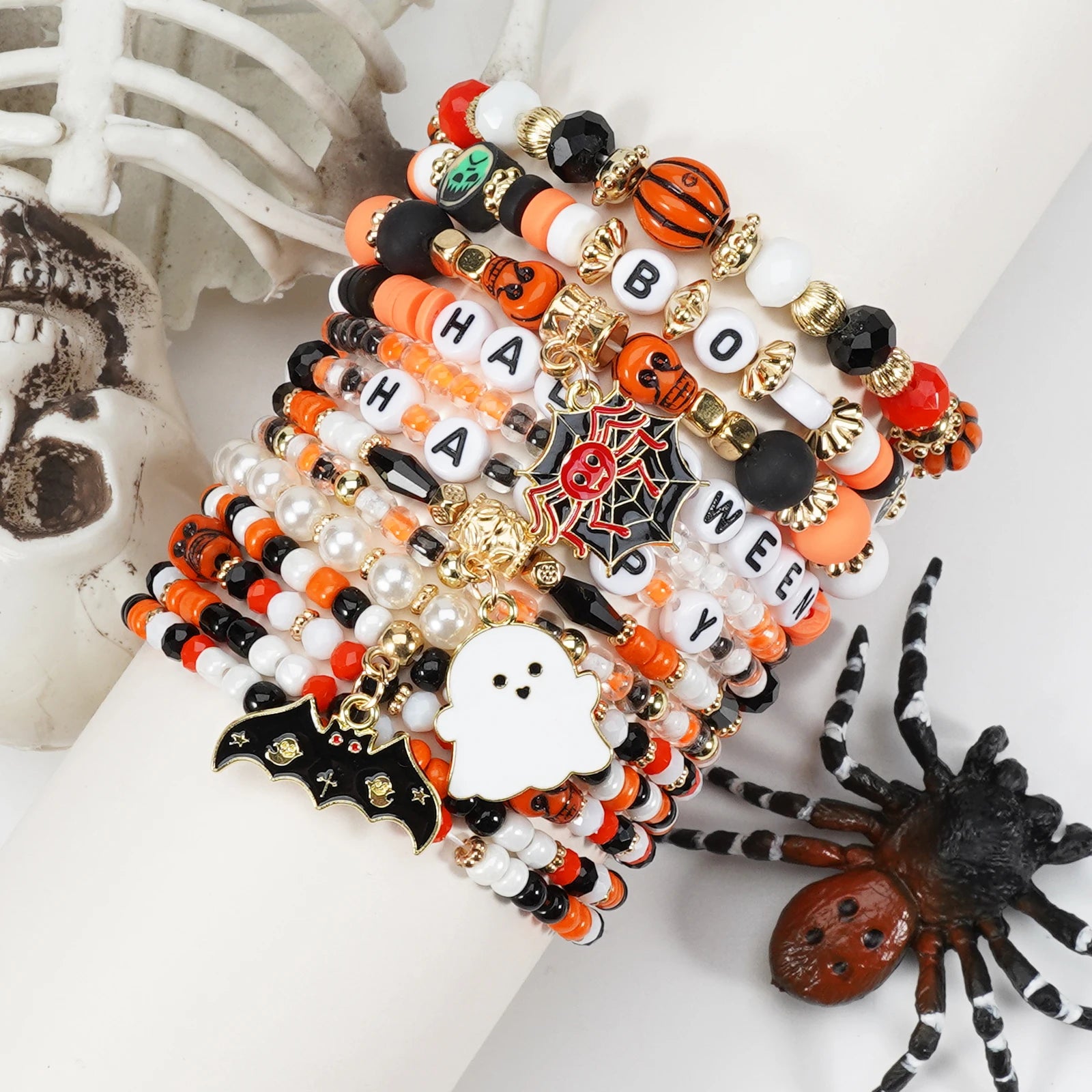 Artificial Crystal Soft Cover Halloween Bracelet Ghost Spider Web Bat Spider Pendant Multilayer Stretch Bracelet