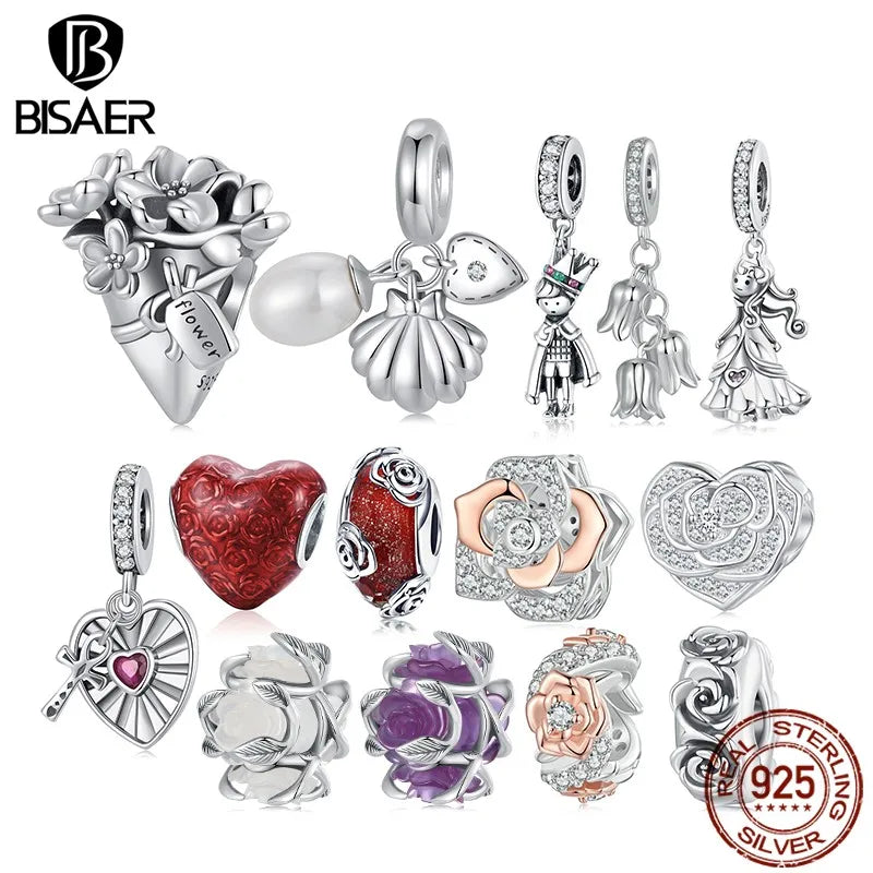 BISAER 925 Sterling Silver Little Prince&Rose Charm Bead Bellflower Princess Heart Cross Shell Pendant Fit DIY Bracelet Jewelry