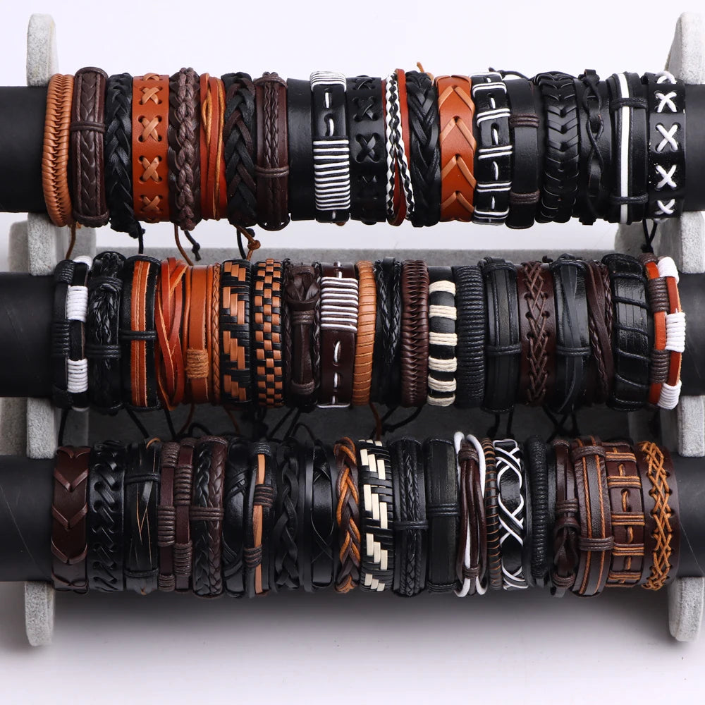 10Pcs/Lot Fashion Retro Color Leather Bracelet For Men Women Classic Vintage Bangle Jewelry Festival Party Gifts Adjustable Size