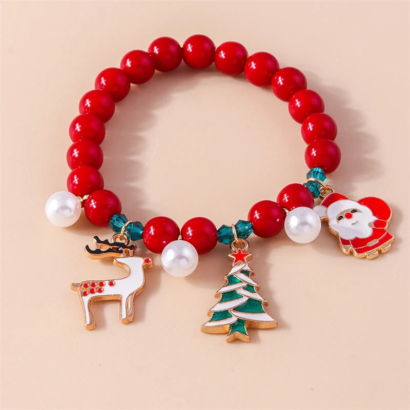 Pulsera de cuentas hecha a mano de moda con colgante de ciervo y campana de árbol de Navidad para mujeres y niñas, regalos de joyería de amistad para fiestas y vacaciones