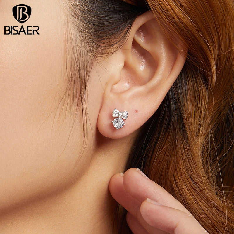 BISAER 925 Sterling Silver Bowknot Stud Earrings Sparkling Zircon Earrings Plated White Gold for Women Party Fine Jewelry Gift