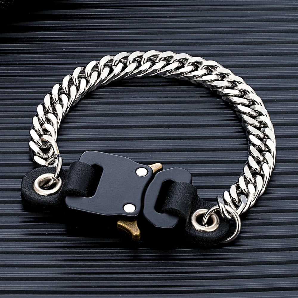 MKENDN Locomotive Men Women Punk Rock Stainless Steel  Chain Bracelet Street Vintage Gothic Safty Buckle Hiphop Jewelry