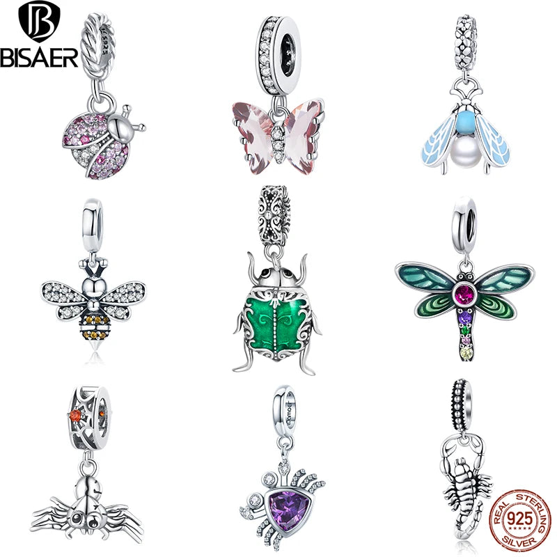 BISAER - Colgante de plata de ley 925 con forma de insecto y mariposa de circonita para pulseras originales de bricolaje, accesorios de moda para regalo