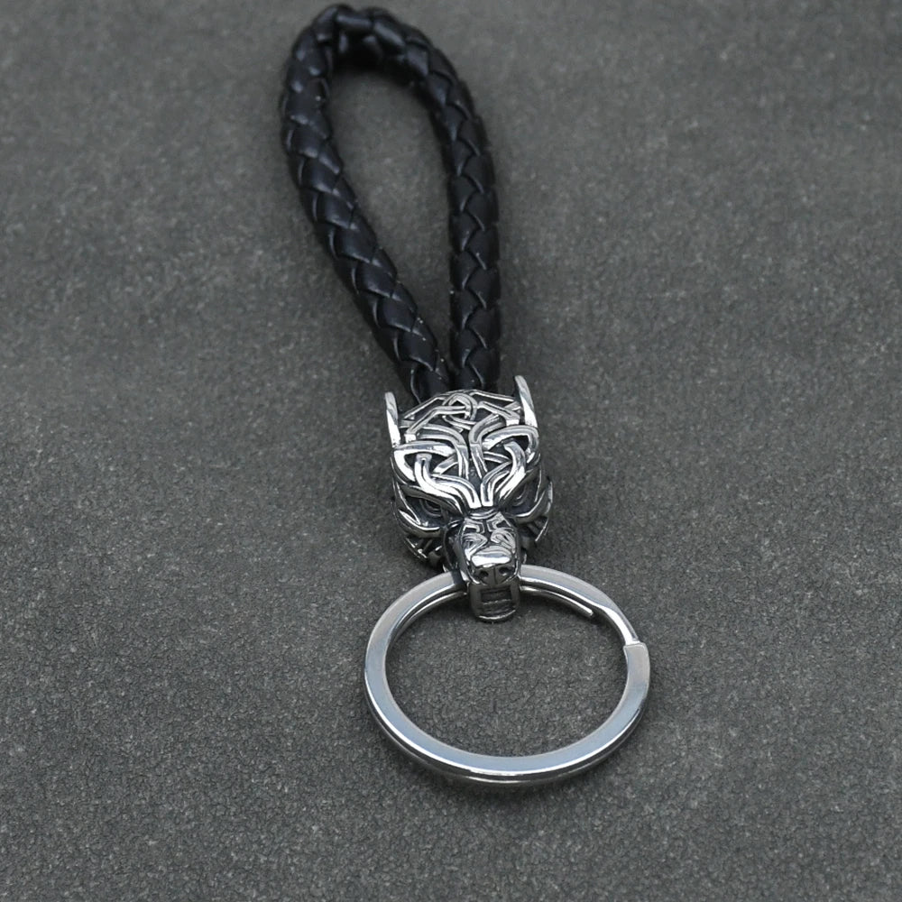 Vintage Wolf Head Keychains Vikings Pendant Stainless Steel wolf Keyring Handmade Male Black leather Key Ring