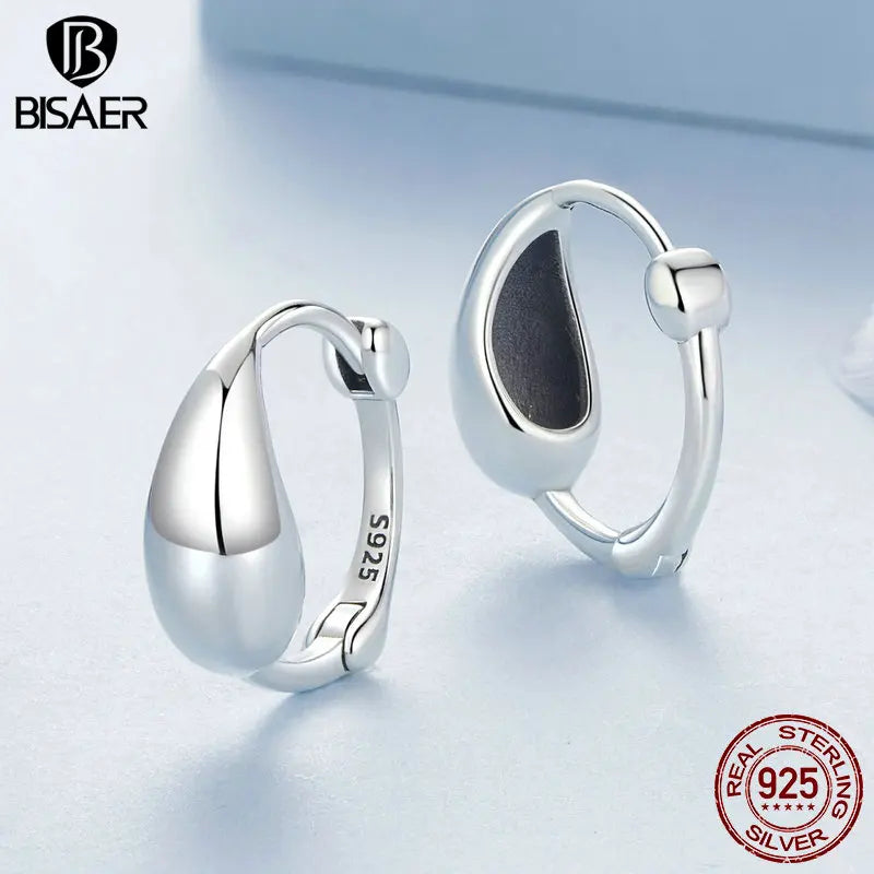 BISAER 925 Sterling Silver Water Droplet Open Ring Simple Water Drop Hoop Earrings for Elegant Women Party Fine Jewelry Set Gift