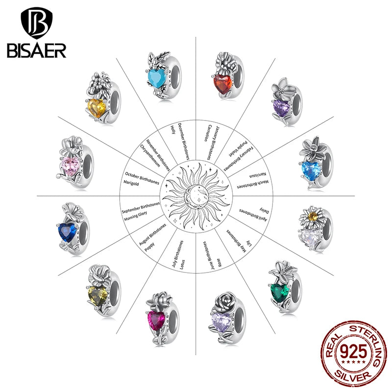 BISAER 100% 925 Sterling Silver Flower Birthstones Charms Charm Birth Flower Beads Fit Women Bracelets Jewelry Fine Gift ECC3005