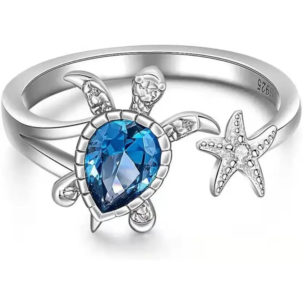 New Sea Turtle Starfish Rings for Women Blue Topaz Cute Ocean Animal Cubic Zirconia Jewelry Girl Birthday Party Gifts Wholesale