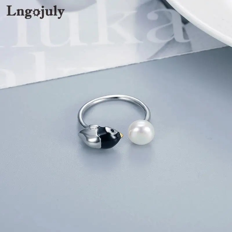 Anillo de pingüino con perla ajustable de plata de ley 925 de joyería fina para mujeres y niñas, regalos de joyería para aniversarios, bodas y fiestas