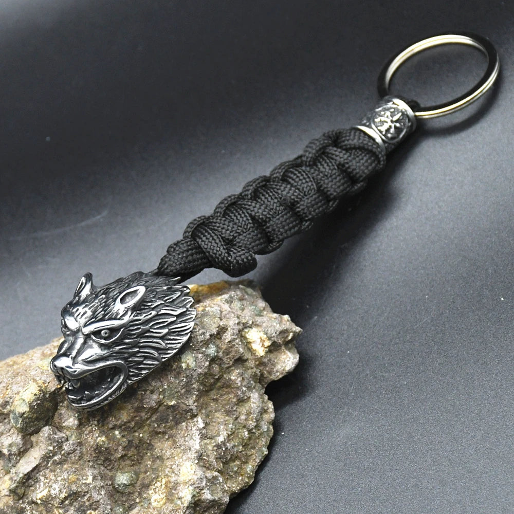 Viking Wolf Head Survival Rope Keychain Men's Stainless Steel Pendant Paracord Keyring Handmade Norse Pirates Rune Amulet Jewelr