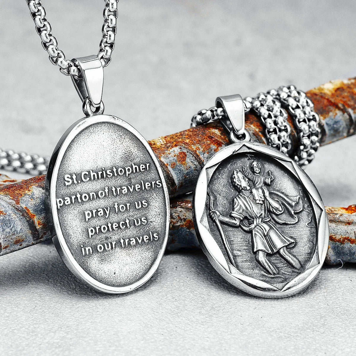 St Christopher Anhänger Halskette Retro Inschrift 316L Edelstahl Männer Kette Punk Rock Hip Hop für Fahrer Biker Schmuck Geschenk