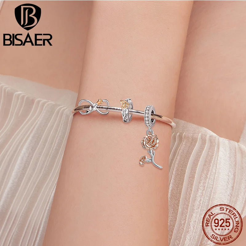 BISAER 925 Sterling Silber Rose Gold Charm Bead Herz Blume Anhänger Für Mädchen Armband DIY Muttertag Geburtstag Edlen Schmuck