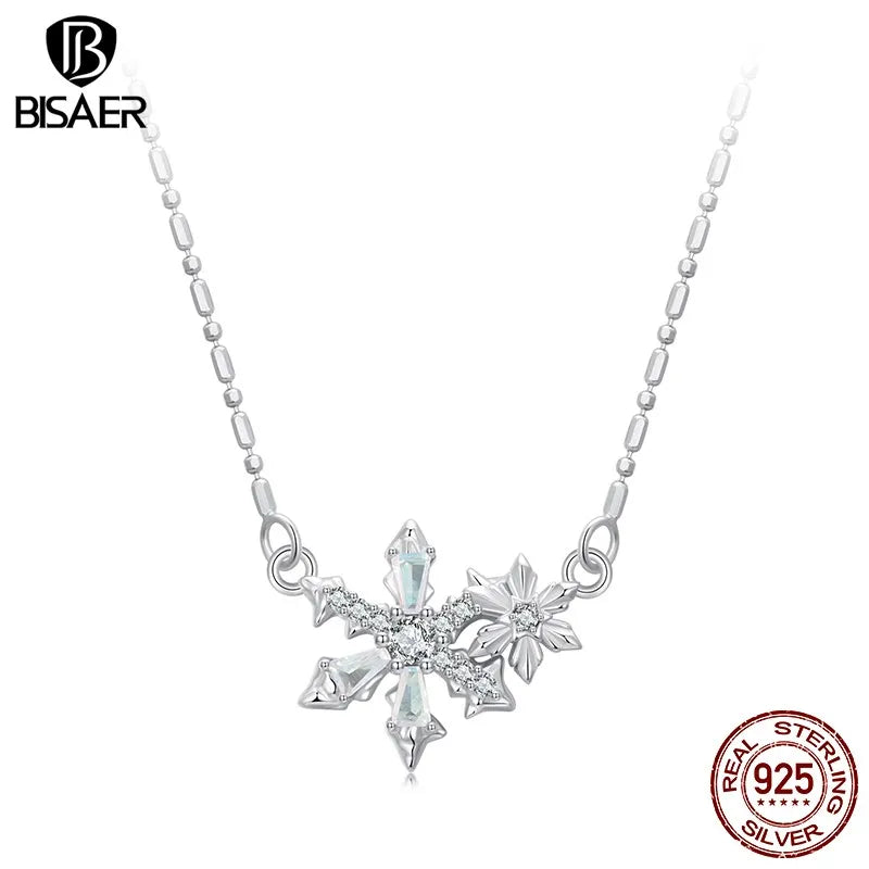 BISAER 925 Sterling Silver Ice Flower Pendant Necklace Sparkling CZ Adjustable Chain Plated White Gold for Woman Fine Jewelry