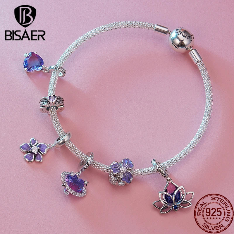 BISAER 925 Sterling Silver Lotus Flower Charm Bead Gradient Purple Crystal Pendant Fit Women DIY Bracelet Necklace Fine Jewelry