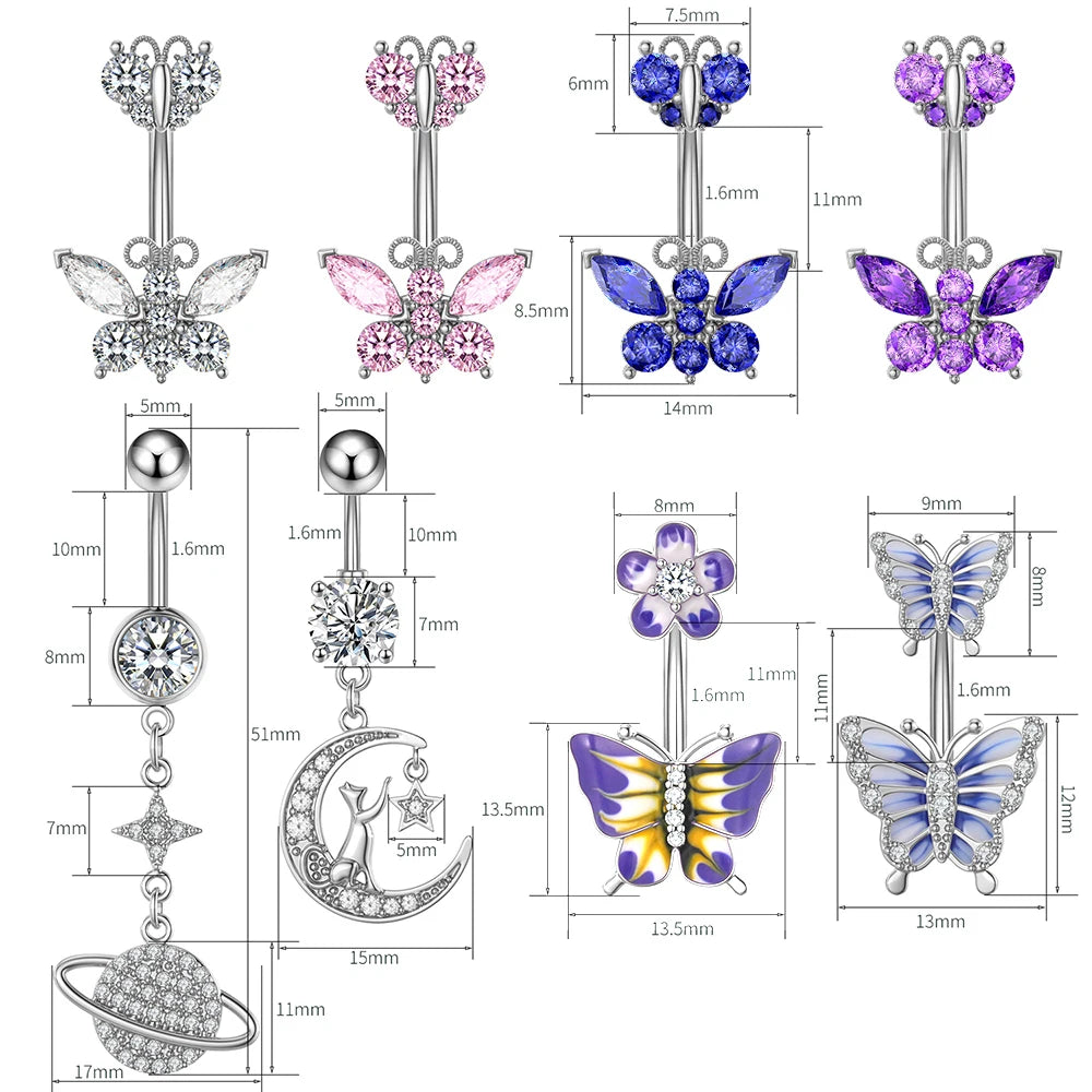 1PC Butterfly Belly Button Ring 316L Steel Pick Star Crystal Surgical Navel Rings Belly Piercing Body Jewelry Dangled Drop Oreja