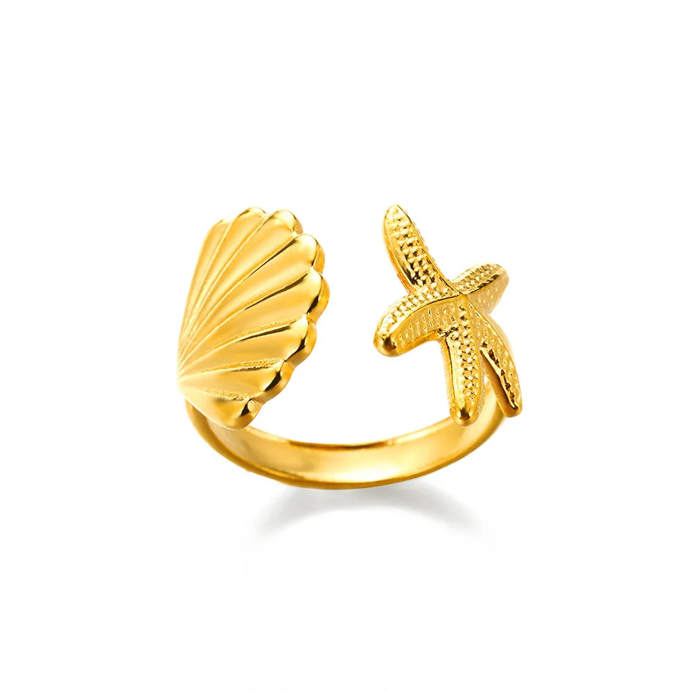 Ocean Starfish Shell Open Rings For Women Men Gold Color Stainless Steel Ring Wedding Couple Engaement Jewelry Summer Beach Gift