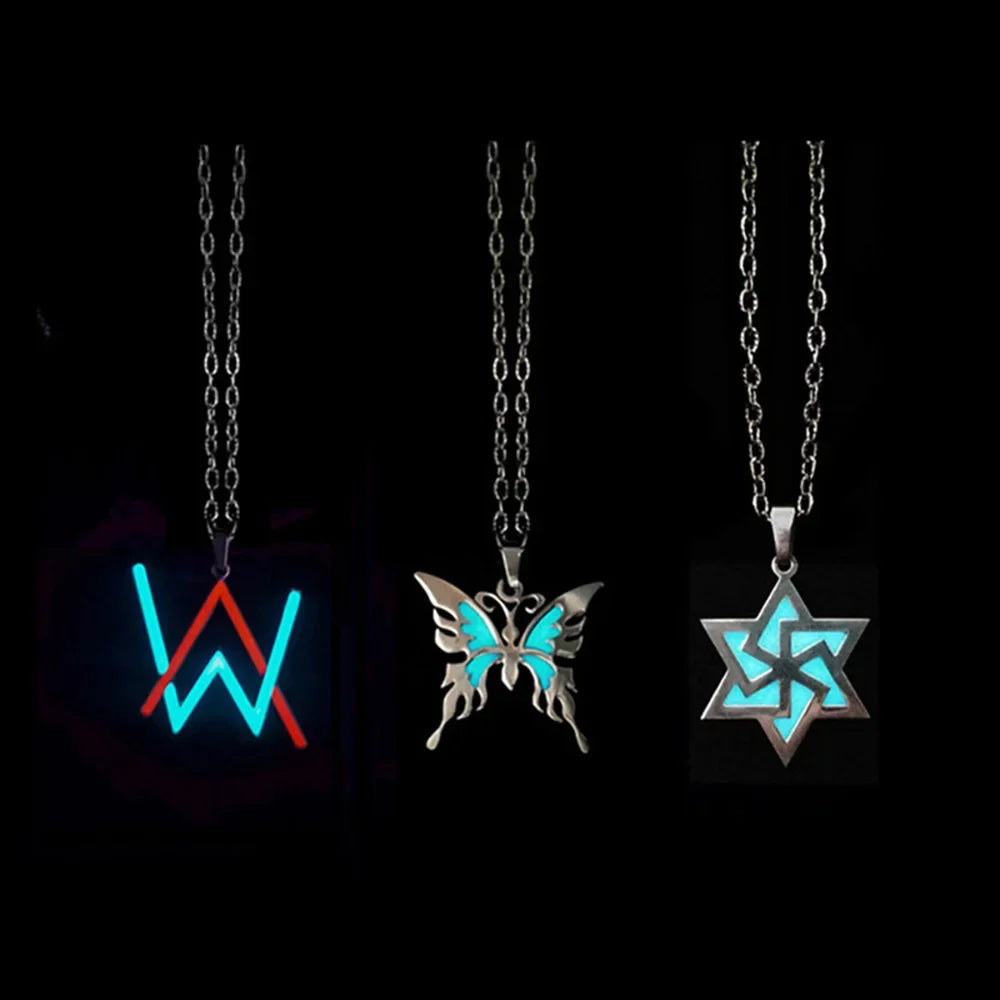 Novel Luminous Glowing Butterfly Pendant Hexagram Stainless Steel Glow In The Dark Necklace for Women Men Halloween Gift