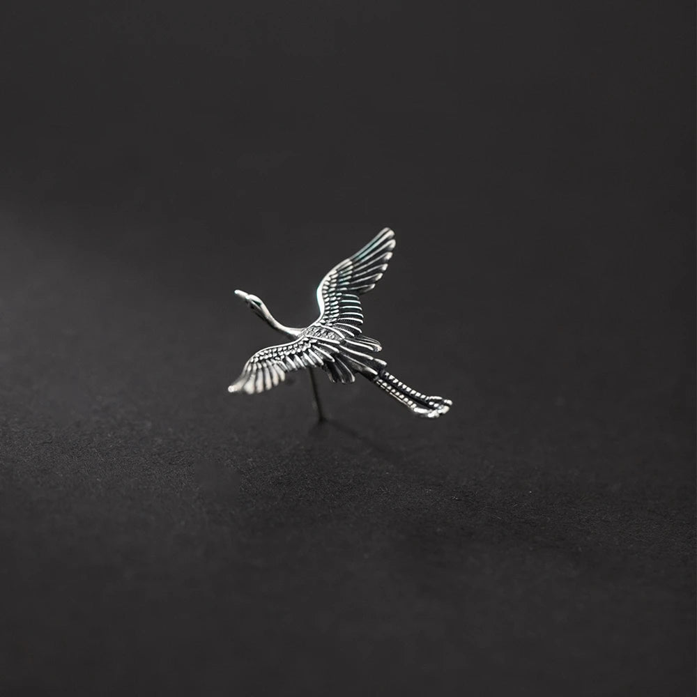 MKENDN 100% 925 Sterling Silver Creative Retro Flying cranes Stud Earring Punk Street Style Ear Pin for Women Men Animal Jewelry