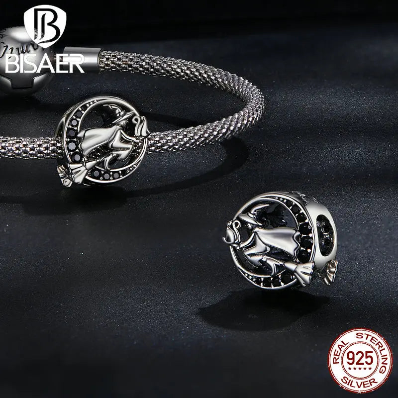 BISAER 925 Sterling Silver Vintage Witch Charm Black Zircon Moon Bead Fit Women Halloween Party DIY Bracelet Jewelry ECC2405