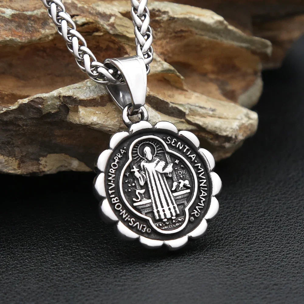 Vintage Fashion Stainless Steel Catholic Saint Benedict Cross Pendant Necklace For Men Punk Biker Amulet Religious Jewelry Gifts